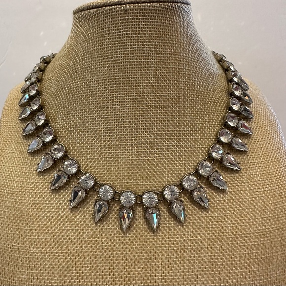 J. Crew Collar Statement Necklace gold w/ 2 rows of clear crystals end to end - Picture 5 of 12